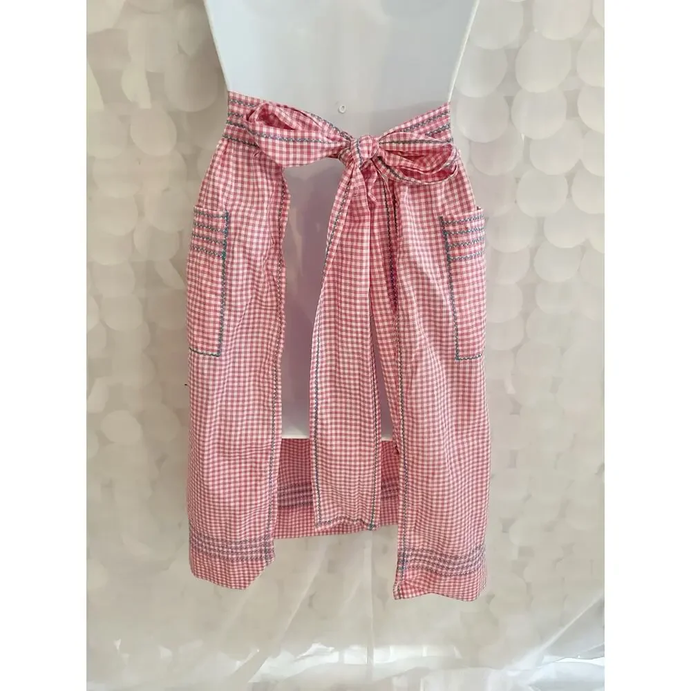 VTG 40’s Pink Gingham Half Apron Hand Made Farmhouse Cottagecore Prop Decor